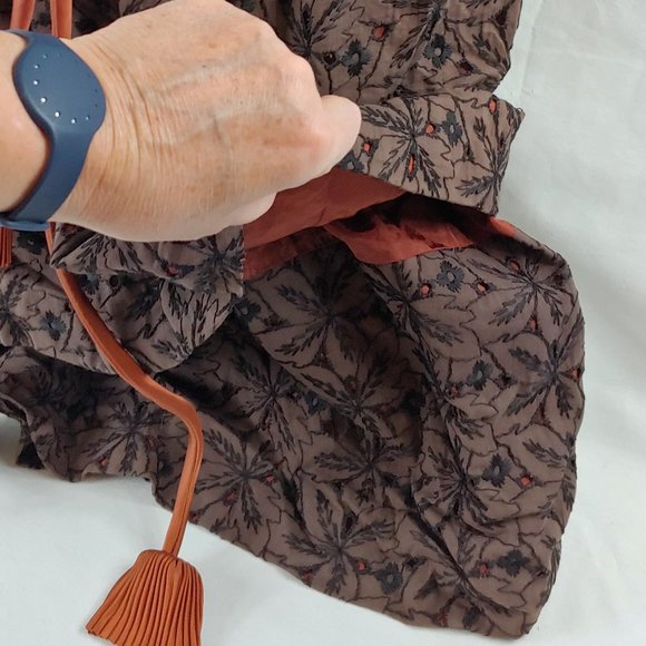 Vintage Brown and Black Floral Eyelet Dress Short Sleeve Lined with Satin Belt - Picture 7 of 15